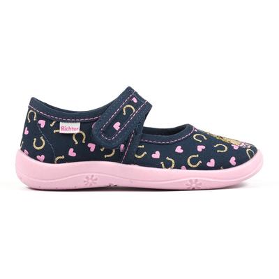 Hausschuh RICHTER, Kinder, Gr. 25, bunt (dunkelblau, rosa, pferdemotiv), Baumwolle, kontrastfarbene Details, klassisch, Schuhe, Klettschuh, Kindergarten Schuh mit süßem Print Image