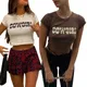 Y-COWGIATV-T-shirt à manches courtes et col ras du cou pour femme haut court slim imprimé