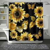 Golden Sunflower and Butterfly Shower Curtain Set with Yellow Floral Design White Bathtub and Gray Floor Bright Bathroom Decor with White Wooden Cabinet and Ceiling Light
