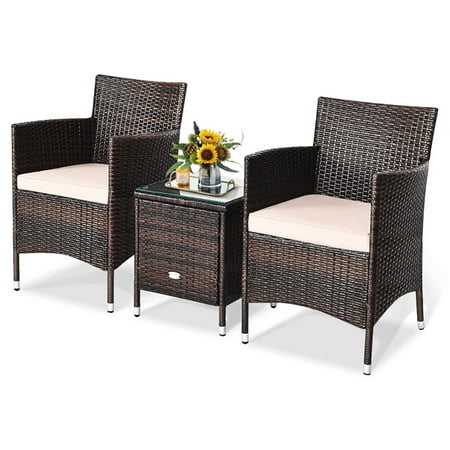 Topcobe 3 Piece Patio Conversation Set Outdoor Rattan Wicker Furniture Set with Coffee Table & Chairs Patio Bistro with Seat Cushions for Garden Balcony Backyard Poolside