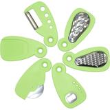 YHRY Kitchen Gadgets Set 6 Pieces Space Saving Cooking Tools Stackable Kitchen Tools Cheese Grater Pizza Cutter Bottle Opener Vegetable Peeler Garlic Grinder Stripper Green