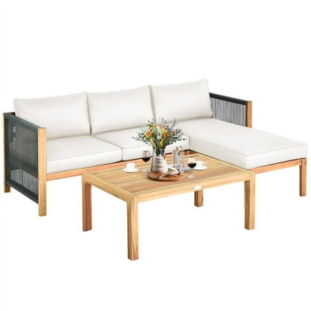 Spaco 3 Pieces Patio Acacia Wood Sofa Furniture Set with Nylon Rope Armrest-White Wicker Furniture Conversation Sets Coffee Table for Garden Poolside Backyard