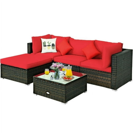 Canddidliike Patio Furniture Sets 5 Pcs Outdoor Patio Rattan Furniture Set Sectional Conversation with Navy Cushions-Red Wicker Sofa Small Patio Conversation Couch for Garden Poolside