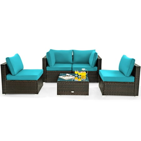 Spaco 5 Pieces Cushioned Patio Rattan Furniture Set with Glass Table-Turquoise Wicker Furniture Conversation Sets Coffee Table for Garden Poolside Backyard