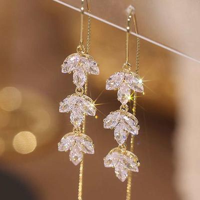 TEMU Maple Leaf Zirconia Tassel Long Earring Wire 1 Pair Image