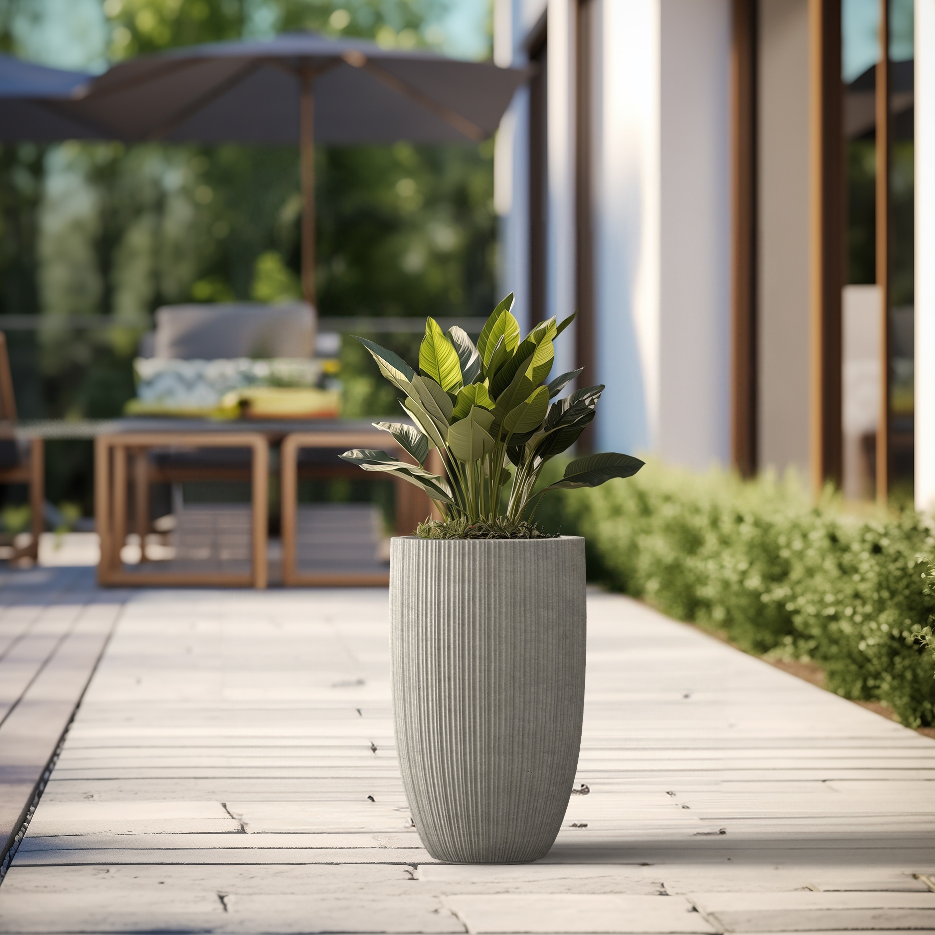 Textured Granite Gray Tall Concrete Round Plant Pots / Large Indoor and Outdoor flower Planters (13.5 Inch x 24.5 Inch)