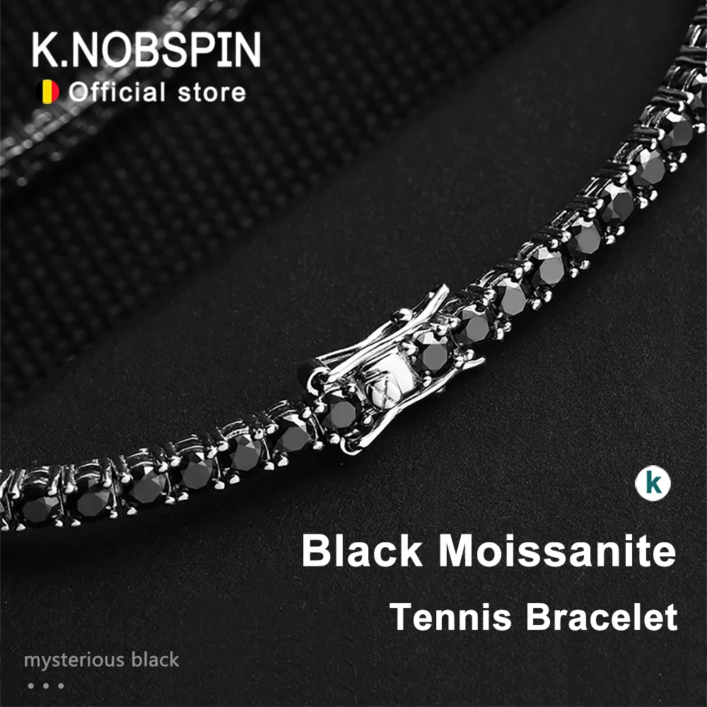 KNOBSPIN bracciale Tennis nero Moissanite bracciale in argento Sterling 925 placcato oro bianco 18 carati per donna uomo gioielli da festa Hip Hop
