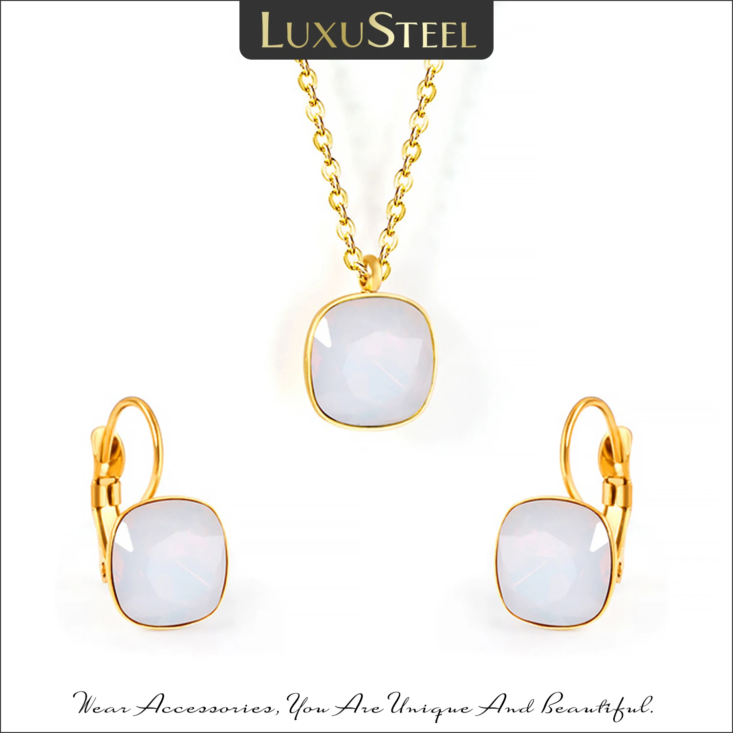 LUXUSTEEL Zirkonia Schmuck Sets Hochzeit Schmuck Edelstahl Geometrie Anhänger Halskette Ohrringe Bijoux Weibliche Kragen Party Image