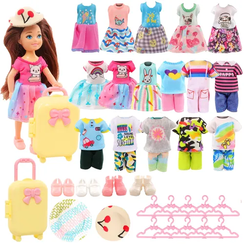 23 Stück 5 4 Zoll Puppe für Barbie Chelsea Puppe Kleidung und Accessoires = 1 Gepäck 3 Kleid 3 Tops