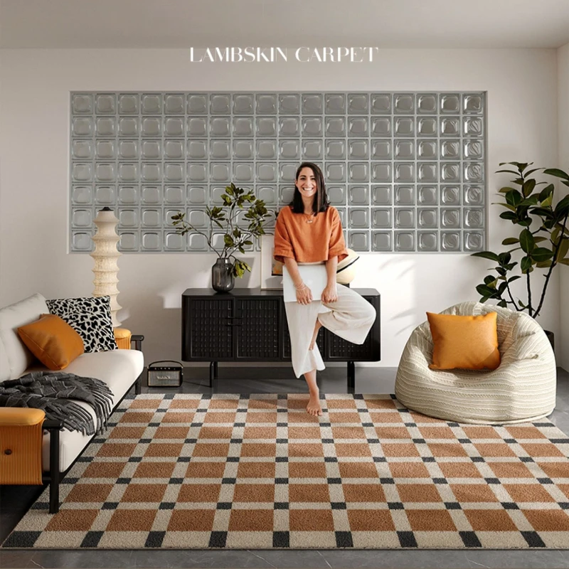 Retro Plaid Wohnzimmer Dekoration Teppich Garderobe großflächigen Teppich nordischen Stil Teppiche für Schlafzimmer nach Hause flauschige weiche Plüsch matte Image
