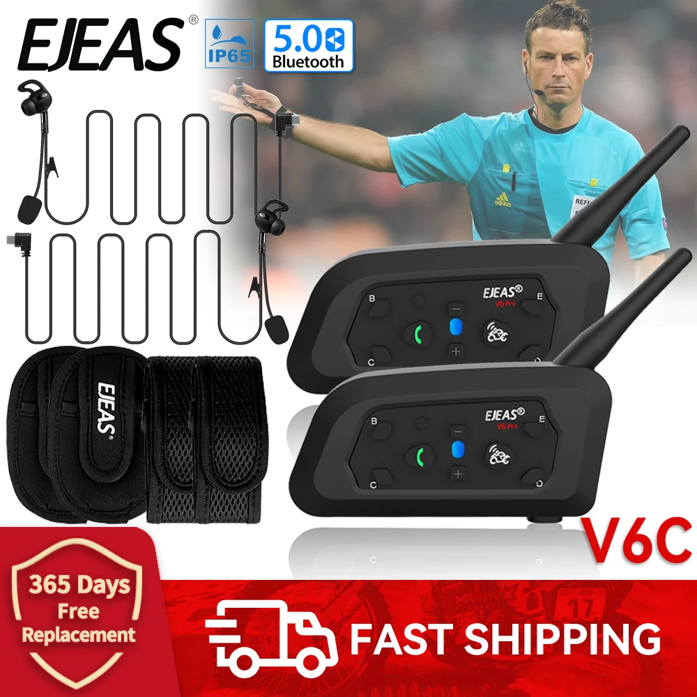 EJEAS V6C PRO+ Schiedsrichter-Intercom-Headset, 2-Benutzer-Kommunikation, Duplex-Bluetooth-Kopfhörer, Fußball, Konferenz, Gegensprechanlage, wasserdicht Image