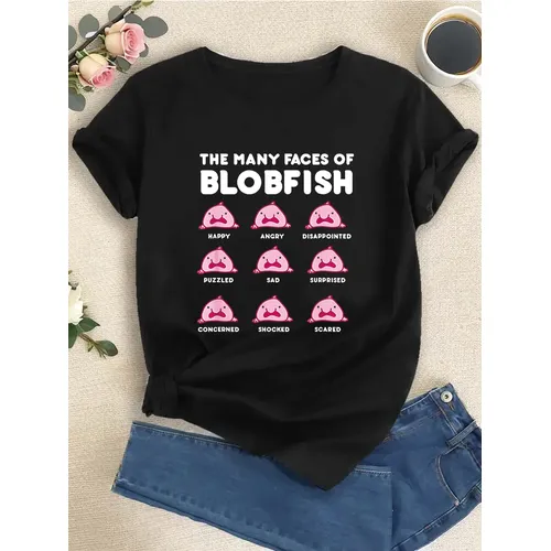 Damen die vielen Gesichter von Blobfish Shirt Sommer Mode Kurzarm Rundhals Top Damen T-Shirt