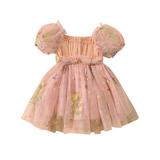 Toddler Girls Dress Flower Embroidered Ruched Mesh Short Sleeve Baby Dress Summer Casual Princess Dres