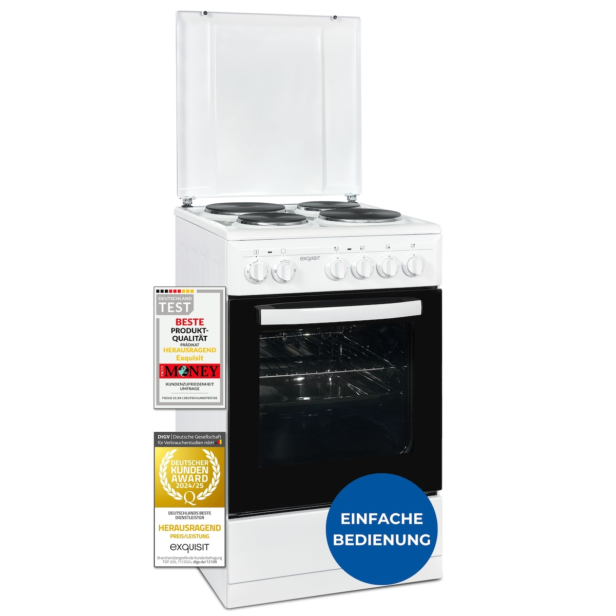 Exquisit Elektro-Standherd EH9-3-090 weiss | Energieeffizienzklasse A | 48 l Garraum | Massekochfeld | Elektro-Standherd 50 cm Image