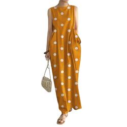 HEXHUASR Dress Women Long Dress Summer Maxi Dress With O Neck Big Pockets For Women Plus Size Dress-Yellow-4Xl