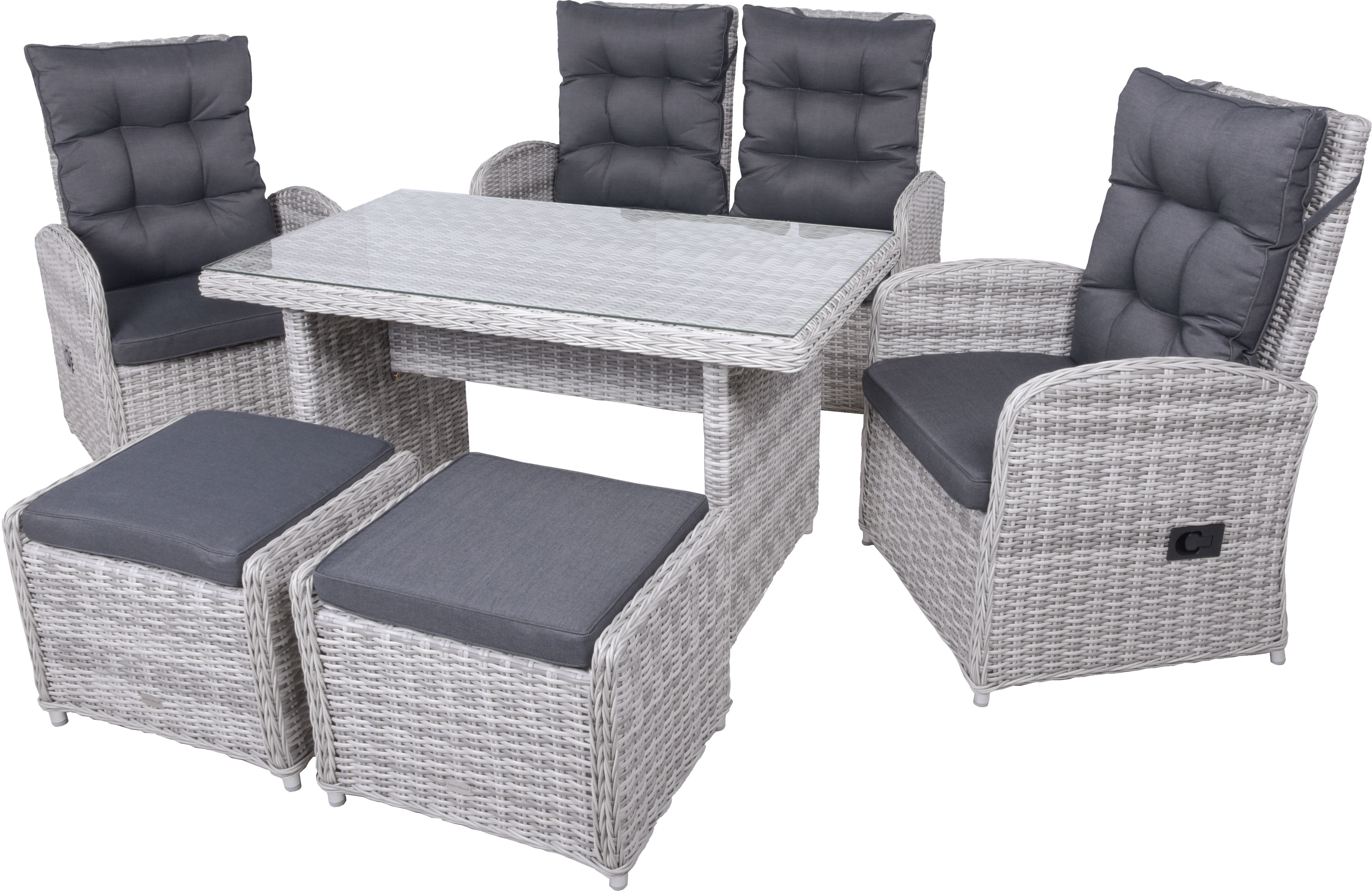 Garten-Essgruppe GARDEN PLEASURE "Tischgruppe »LYON« grau", grau (grau,), Wicker/Kunststoffgeflecht, Sitzmöbel-Sets, 2 Sessel, 1 Bank, 2 Hocker, Tisch LxB: 122x72 cm, inkl Auflagen