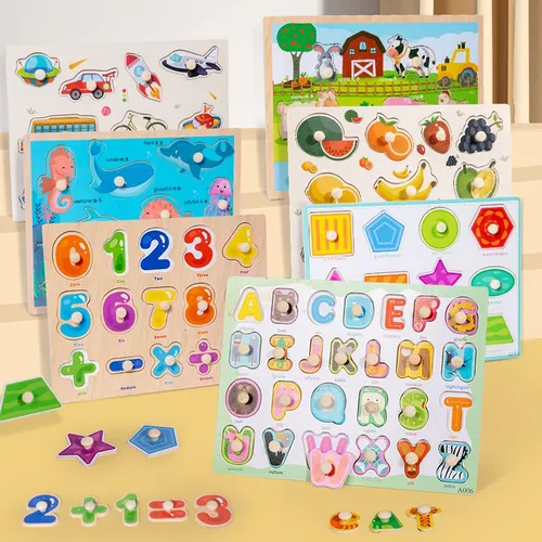 Montessori Holz puzzles Hand Grab Boards Spielzeug Tangram Puzzle Baby Lernspiel zeug Cartoon