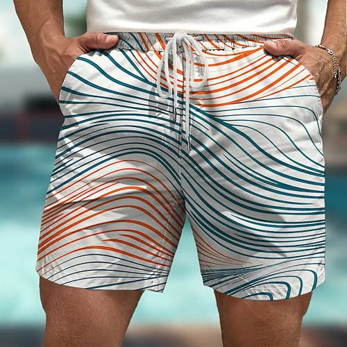 Herren Geometrisches Muster Bunt Linie Badeshorts Boardshorts Badehosen Mittlere Taille Hawaiianisch Lässig Ferien Strand Kordelzug mit Mesh-Futter Elastischer Bund Designer Bekleidung Image