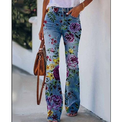 Damen Schlaghose Schlaghosen Hosen Hose Gemütliche Leggings Mode Volle Länge Mittlere Taille Schädel Blume / Blumenmuster Seitentaschen Weites Bein Druck Komfort Mikroelastisch Halloween Wochenende Image