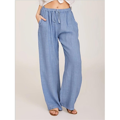Damen Kunstbaumwollleinen Sommerhose Komfort Einfarbig Tasche Elastischer Bund Atmungsaktiv Mikroelastisch Heim Schwarz Weiß Wein Marineblau Sommer Image