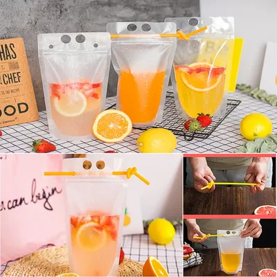 50PCS Plastic Liquid Bag + 50pcs Straw Juice Coffee Drinks Kitchen Vertical Seal Pouches Frosted