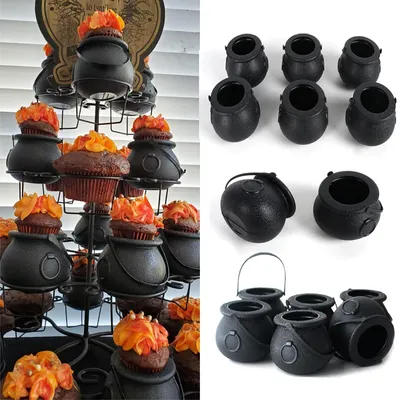 6/12pcs Mini Black Candy Kettles Witch Cauldron Pot Candy Buckets Holder for Kids trick or treat