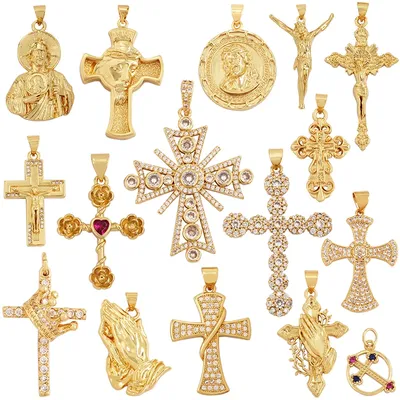 Religious Jesus Cross Charm Pendant,18K Gold Plated Cubic Zirconia CZ Paved,Jewelry Necklace