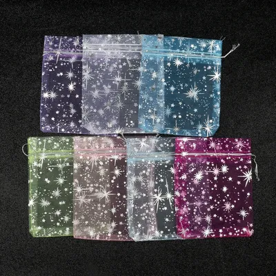 50pcs/lot 10x12cm Printing Star Organza Bags Small Christmas Drawstring Gift Bag Charm Jewelry