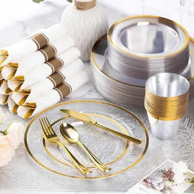 350 Piece Plastic Dinnerware Set for Party,Clear Disposable Plates for 50 Guests ,Include: Dinner