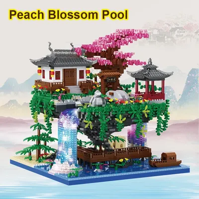 3320Pcs Peach Blossom Pool Air Tree House Building Blocks Suzhou Garden DIY Assembly Bricks Toy LED