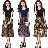 Chiffon Dress Summer New Ladies Tie Splicing Long Skirt Thin Temperament False Two Pieces Floral Skirt Black + Red Flower 3Xl