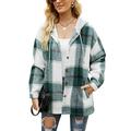 Woman Drawstring Plaid Coat Hooded Long Sleeve Single Breasted Pocketed Loose Leisure Coat Green XXL