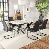 1 Table And 6 Chairs Set.A Rectangular Dining Table With A 0.39-Inch Imitation Marble Tabletop And Black Metal Legs.Paired With 6 Chairs With Pu Leather Seat Cushion And Black Metal Legs Yca-02