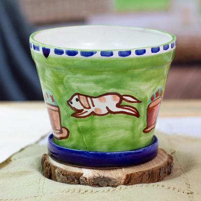 'Hand-Painted Dog-Themed Green Ceramic Flower Pot and Saucer'