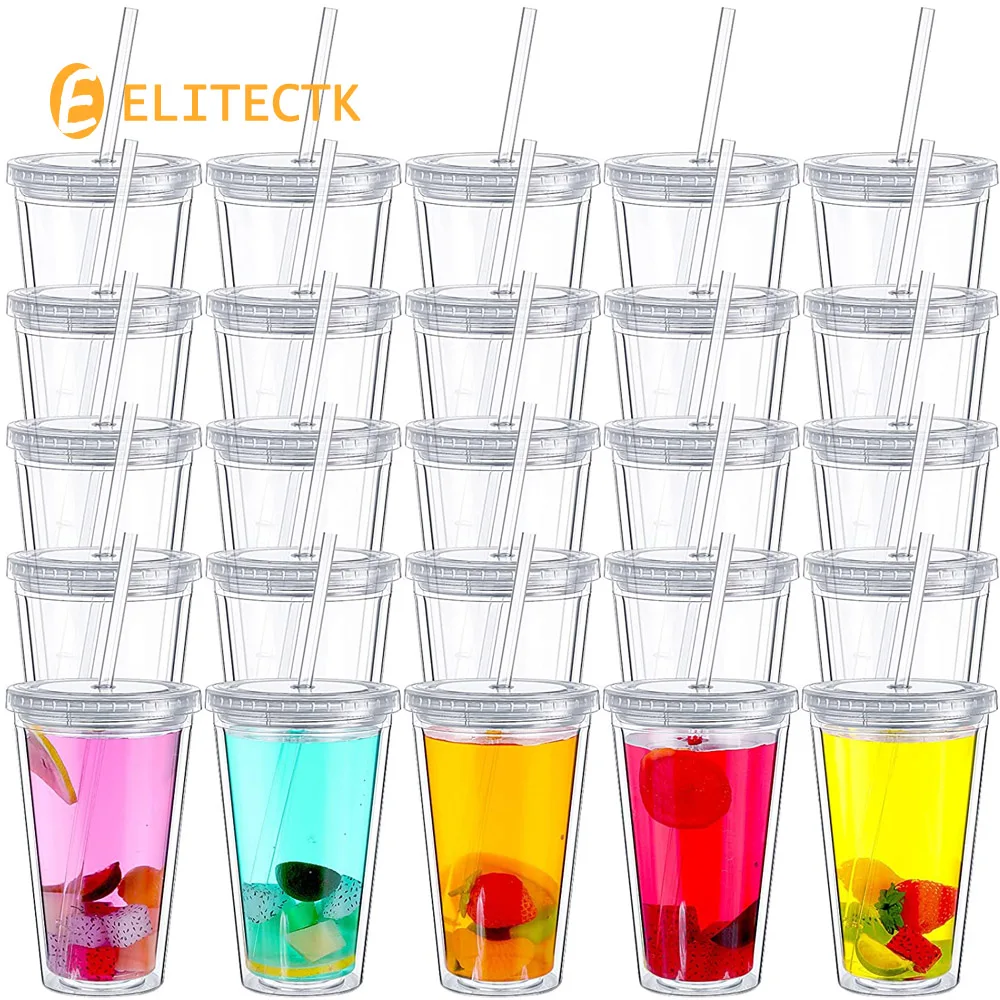 Bicchiere isolato trasparente da 16 once/22 once con coperchi e cannuccia bicchiere da viaggio in plastica a doppia parete bicchiere da caffè ghiacciato in plastica riutilizzabile