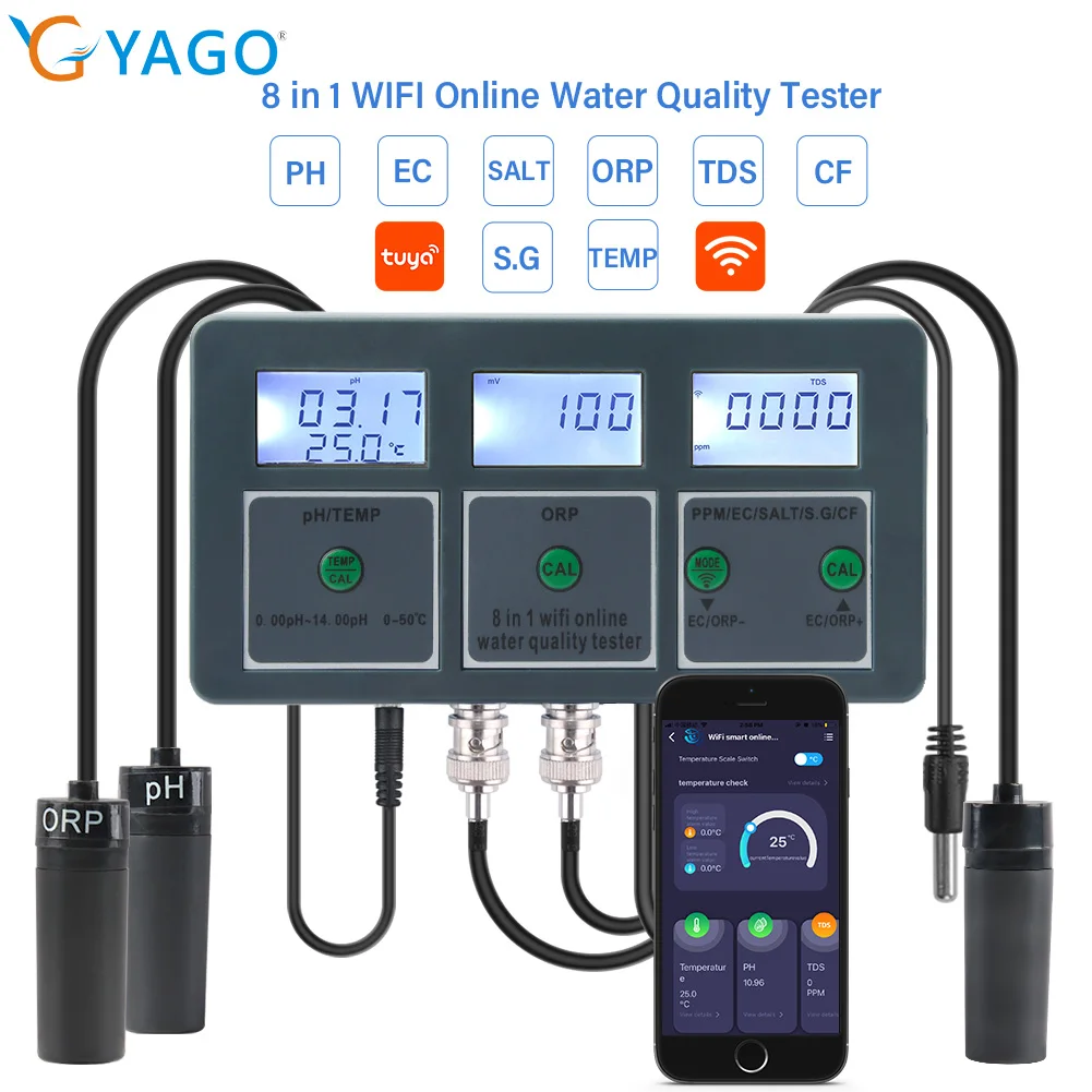8-in-1 WiFi Tuya Aquarium Wasserqualitätstester Smart PH Meter ORP/TDS/EC/SALT/TEMP Monitor für Trinkwasser Schwimmbad Image