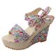 Wedge Sandals for Women Dressy, Bohemian Floral Print Cute Bow-Knot Lace-up Platform Wedge Sandals Summer Dress Open Toe Beach Sandals Comfortable Walking Party Wedding Sandals, blue, 5 UK
