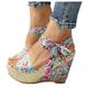 Wedge Sandals for Women Dressy, Bohemian Floral Print Cute Bow-Knot Lace-up Platform Wedge Sandals Summer Dress Open Toe Beach Sandals Comfortable Walking Party Wedding Sandals, blue, 7 UK