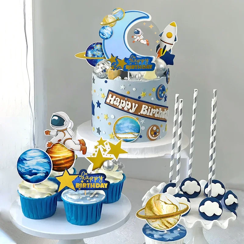 Cupcake-Topper mit Astronauten-Motiv, Raumschiff, Rakete, Raum für Kinder, alles Gute zum 1. Geburtstag, Party, Kuchendekoration, Babyparty, Dessert-Dekoration Image