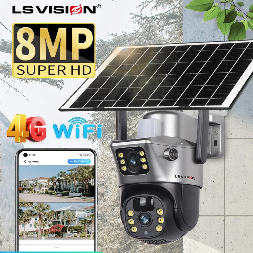LS VISION Solarkamera, 4K, 8 MP, 4G-SIM-Karte, Dual-Objektiv-Bildschirm, WiFi-Überwachung, PTZ-Akku, Farbnachtsicht, PIR-Erkennung Image