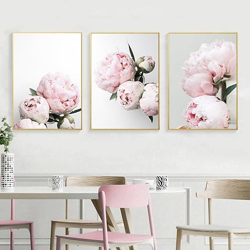 3 Paneele Pfingstrose / rosa Blume Wandkunst Wandbehang Geschenk Heimdekoration gerollte Leinwand ohne Rahmen ungerahmt ungedehnt Image