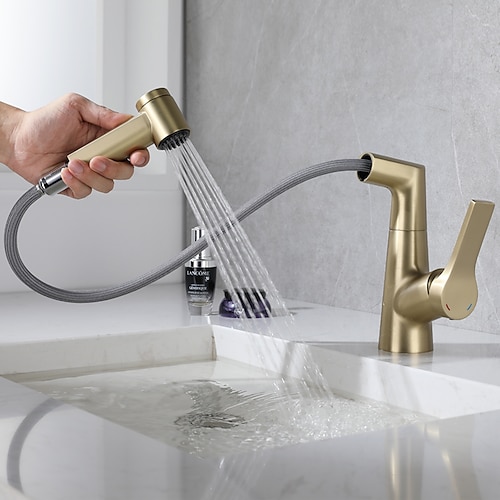 Waschbecken Wasserhahn mit herausziehbarer Brause, Messing hebbar 3-Modi galvanisiert / lackierte Oberflächen Centerset Einhand-Einloch-Waschbecken-Drehauslauf für Kalt- und Warmwasser-Badarmaturen Image
