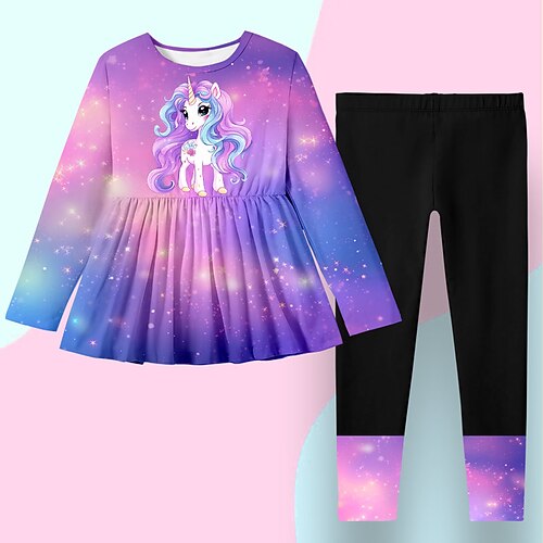 Mädchen 3D Graphic Galaxis Einhorn T-Shirt Hose Kleider-Set Kleidungsset Langarm 3D-Druck Frühling Herbst Winter Aktiv Modisch Täglich kinderkleidung 3-12 Jahre Outdoor Urlaub Verabredung Regular Image