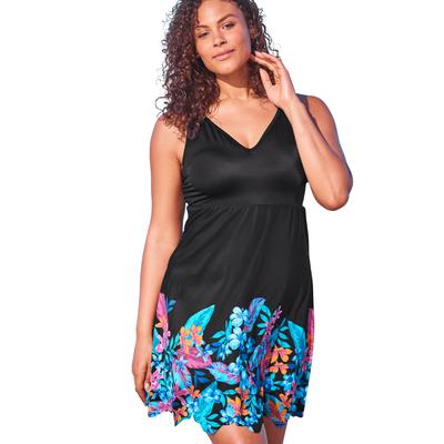 Plus Size Women's Floral Border Swim Dress by Swim 365 in Black Paradise Floral (Size 18) Swimsuit