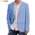 Blazer da uomo in lino blu moda Slim Fit 2 bottoni giacca da abito 2023 estate Business smoking da