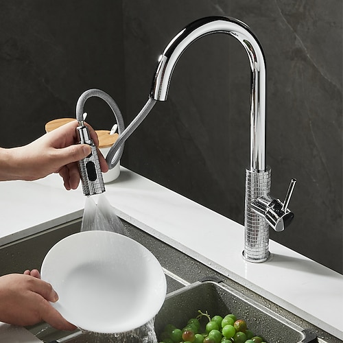 Küchenarmatur, herausziehbarer Spültischmischer, Wasserhahn mit 3-Modus-Auslauf, um 360 Grad drehbarer Einzelgriff mit kaltem und heißem Schlauch Image