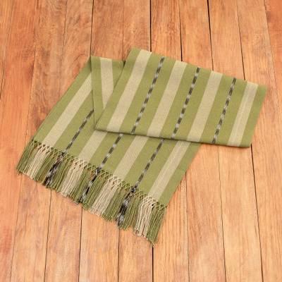 Olive Ways to Delight,'Handloomed Striped Olive Cotton Fringed Table Runner'