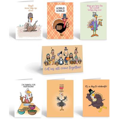 Thanksgiving Cards (Funny Assortment)-Set of 14 Boxed Cards & White Envelopes, 4.5x6.25 Folded Greeting Card w/ 7 Unique Designs