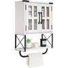 Farmhouse Medicine Cabinet with Cross Glass Doors, 3-Tier Rustic Bathroom Cabinet with Adjustable Shelves and Towel Bar