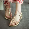 FOREADA Frauen Schuhe Sommer Sandalen Aus Echtem Leder Kristall Flache Schuhe Schnalle Offene spitze T-Strap Sandalen Damen Gold Plus größe 3-12